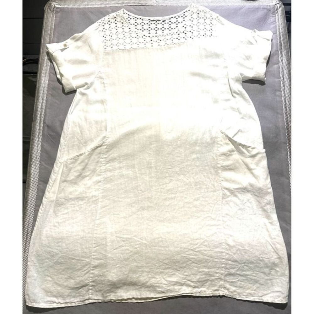 Kaktus Womens 2X White Linen Dress With Crochet Yoke & Pockets